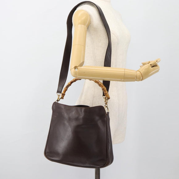 GUCCI Bamboo Hand Bag Leather 2way Black Gold 001 2113 1638 Auth 182388