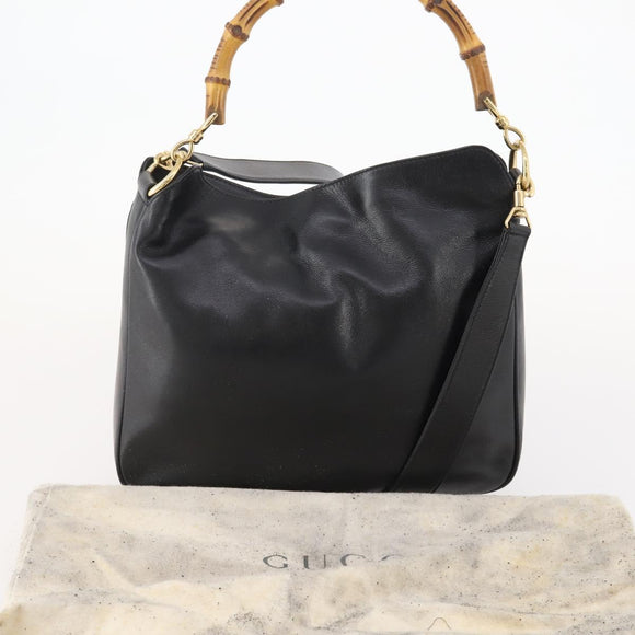 GUCCI Bamboo Hand Bag Leather 2way Black Gold 001 1705 1638 Auth 182390