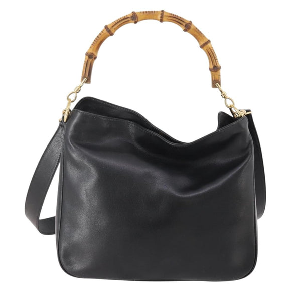 GUCCI Bamboo Hand Bag Leather 2way Black Gold 001 1705 1638 Auth 182390