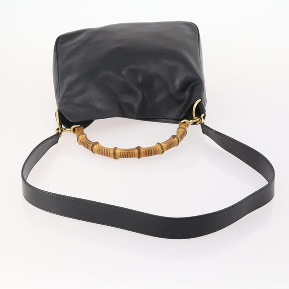 GUCCI Bamboo Hand Bag Leather 2way Black Gold 001 1705 1638 Auth 182390