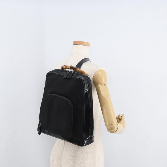 GUCCI Bamboo Shoulder Bag Patent Black Silver 003 2058 0059 5 Auth 182394