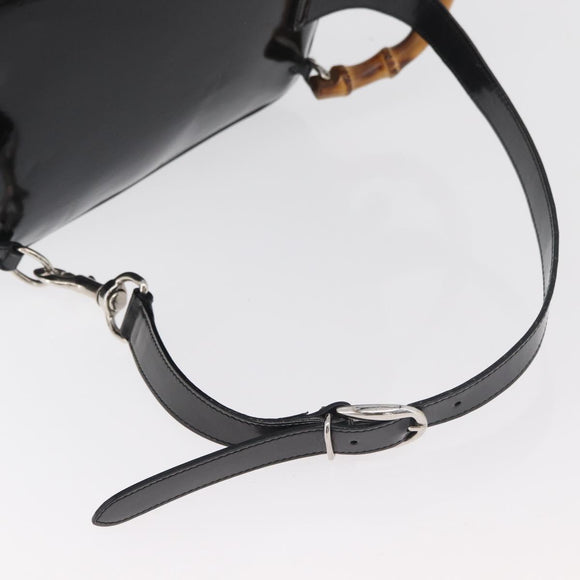 GUCCI Bamboo Shoulder Bag Patent Black Silver 003 2058 0059 5 Auth 182394