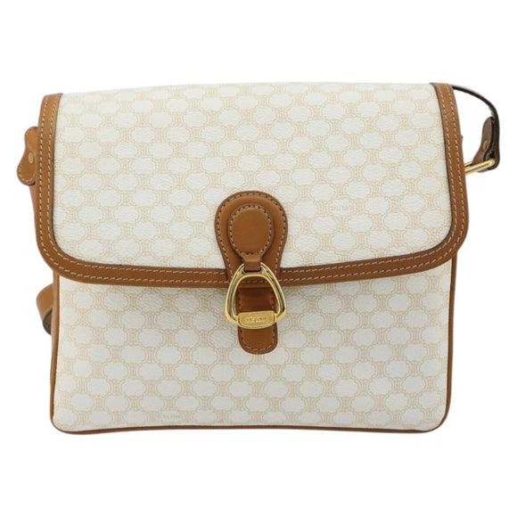CELINE Macadam Canvas Shoulder Bag PVC Leather White Gold Auth 182418A