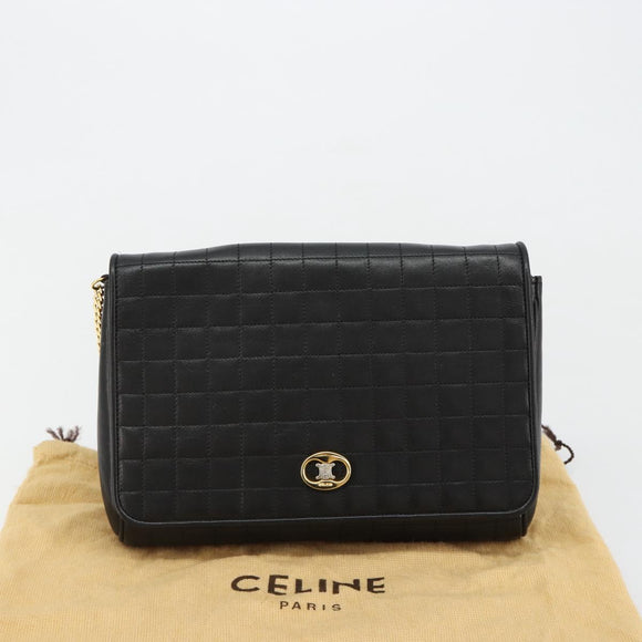 CELINE Chain Shoulder Bag Leather Black Gold Auth 182421V