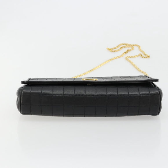 CELINE Chain Shoulder Bag Leather Black Gold Auth 182421V
