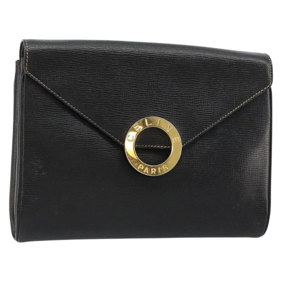 CELINE Circle Shoulder Bag Leather Black Gold Auth 182448