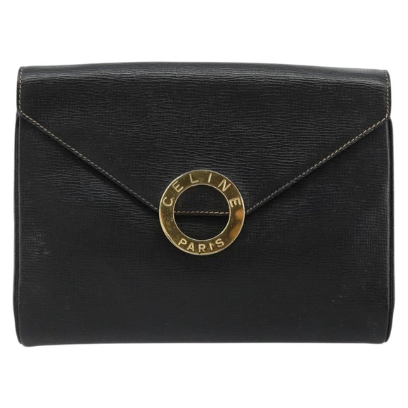 CELINE Circle Shoulder Bag Leather Black Gold Auth 182448