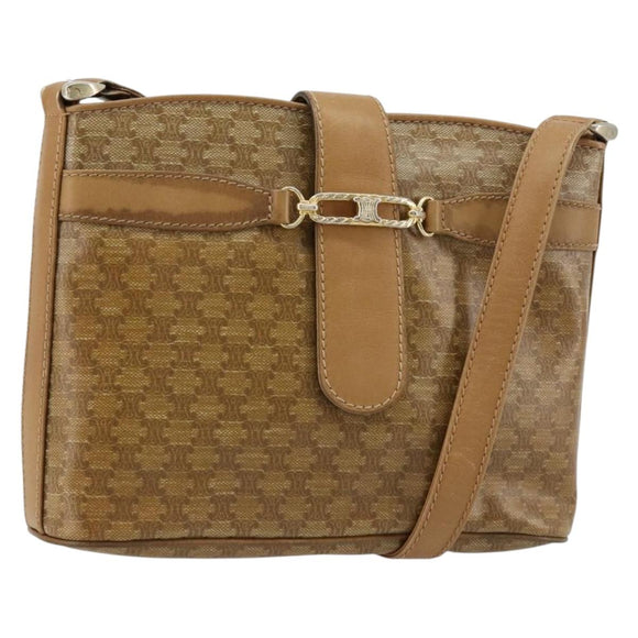 CELINE Macadam Canvas Shoulder Bag PVC Leather Beige Gold Auth 182451