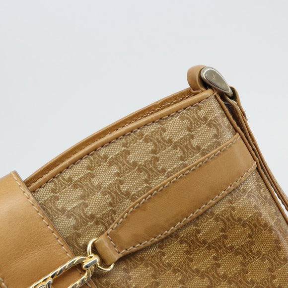 CELINE Macadam Canvas Shoulder Bag PVC Leather Beige Gold Auth 182451
