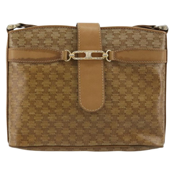 CELINE Macadam Canvas Shoulder Bag PVC Leather Beige Gold Auth 182451