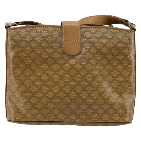 CELINE Macadam Canvas Shoulder Bag PVC Leather Beige Gold Auth 182451