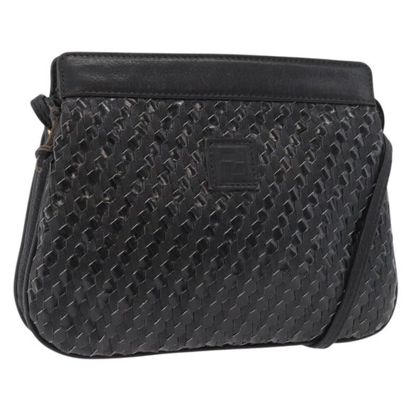 FENDI Schultertasche Leder Schwarz Gold Auth 182453