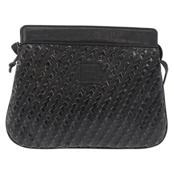 FENDI Schultertasche Leder Schwarz Gold Auth 182453