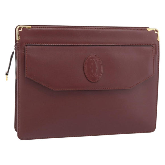 CARTIER Must Line Clutch Bag Leather Bordeaux Gold Auth 182455A