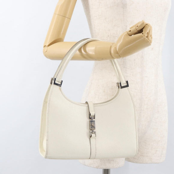 GUCCI Jackie Hand Bag Leather White Silver 002 1068 Auth 182461