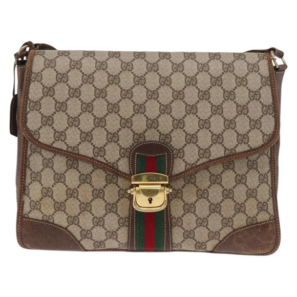 GUCCI GG Supreme Web Sherry Line Shoulder Bag PVC Beige Gold Auth 182477
