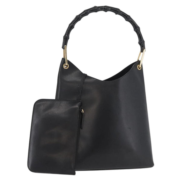 GUCCI Bamboo Hand Bag Leather Black Gold 001 2113 1880 Auth 182479