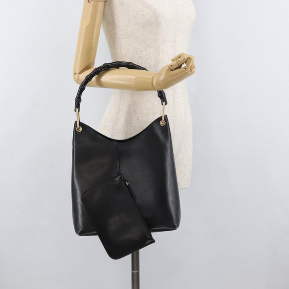 GUCCI Bamboo Hand Bag Leather Black Gold 001 2113 1880 Auth 182479