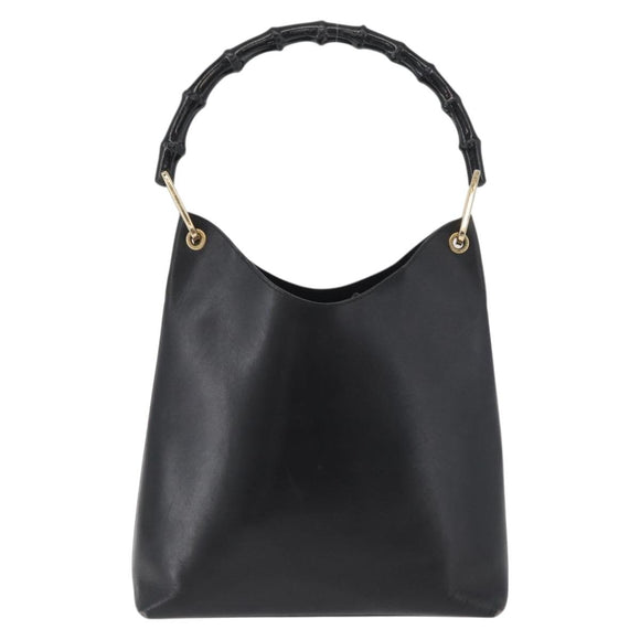 GUCCI Bamboo Hand Bag Leather Black Gold 001 2113 1880 Auth 182479