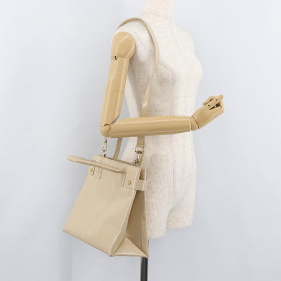 GUCCI Handtasche Lackleder 2-Wege Beige Gold Auth 182480