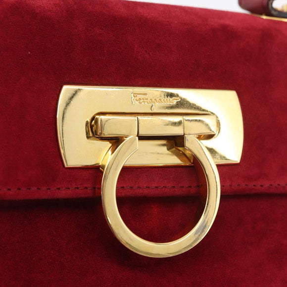 Salvatore Ferragamo Gancini Hand Bag Suede 2way Red Gold Auth 182485