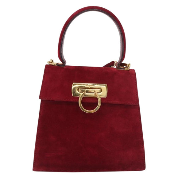 Salvatore Ferragamo Gancini Hand Bag Suede 2way Red Gold Auth 182485