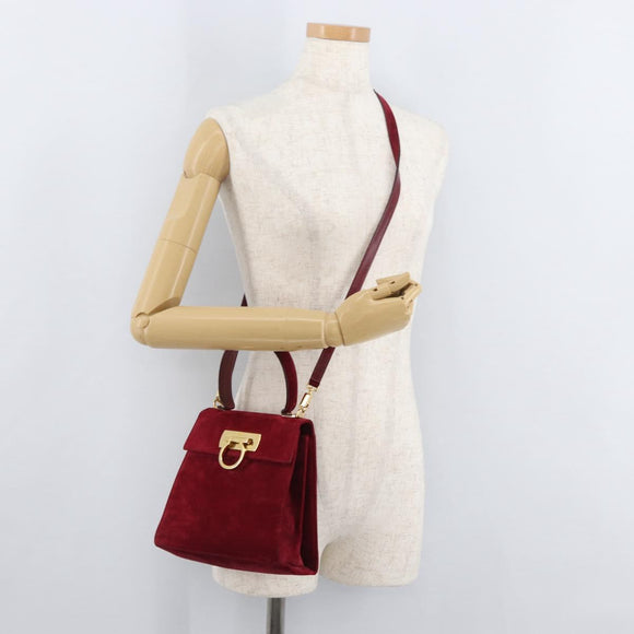 Salvatore Ferragamo Gancini Hand Bag Suede 2way Red Gold Auth 182485