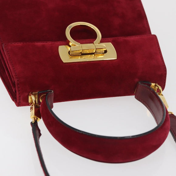 Salvatore Ferragamo Gancini Hand Bag Suede 2way Red Gold Auth 182485