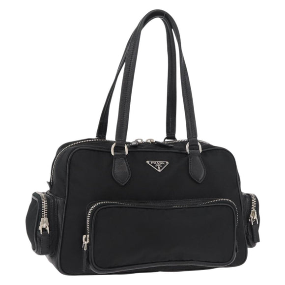 PRADA Handtas Nylon Zwart Zilver Auth 182500V