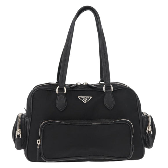 PRADA Handtas Nylon Zwart Zilver Auth 182500V