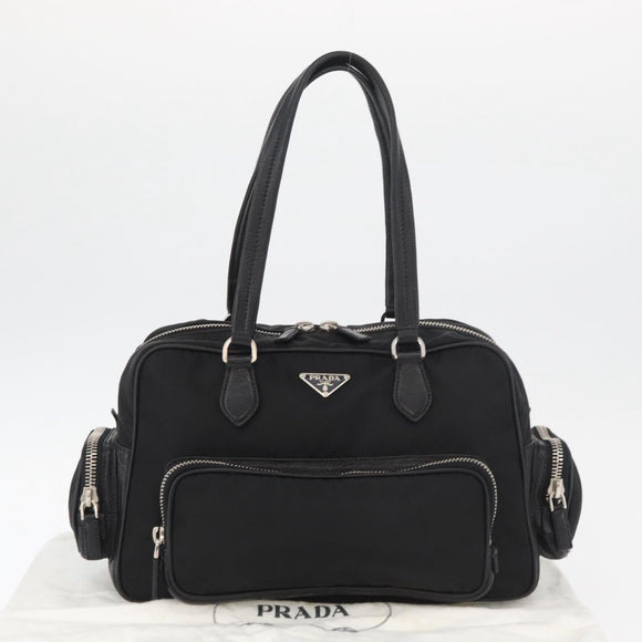 PRADA Handtas Nylon Zwart Zilver Auth 182500V
