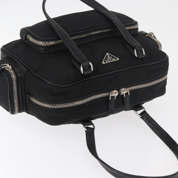 PRADA Handtas Nylon Zwart Zilver Auth 182500V