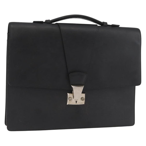 CARTIER Business Bag Leather Black Silver Auth 182506
