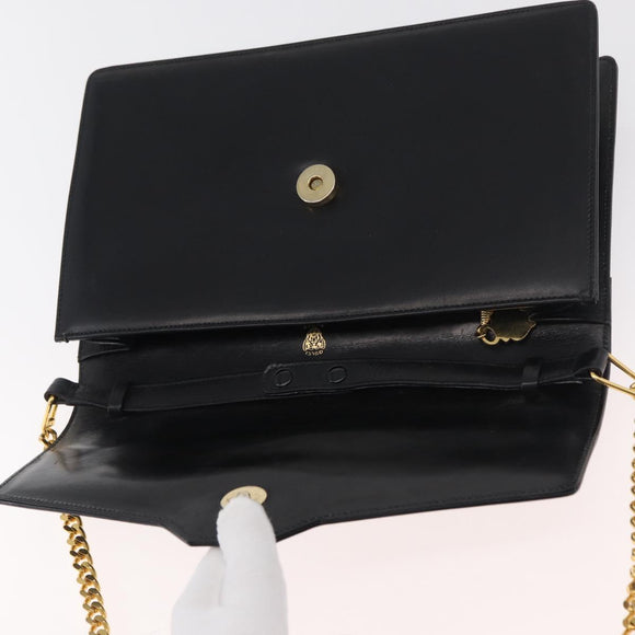 GUCCI Umhängetasche Kette Leder Schwarz Gold Auth 182515