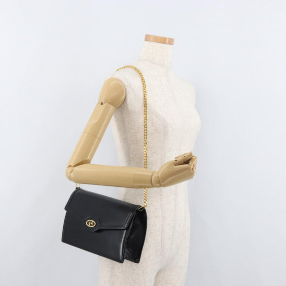 GUCCI Umhängetasche Kette Leder Schwarz Gold Auth 182515