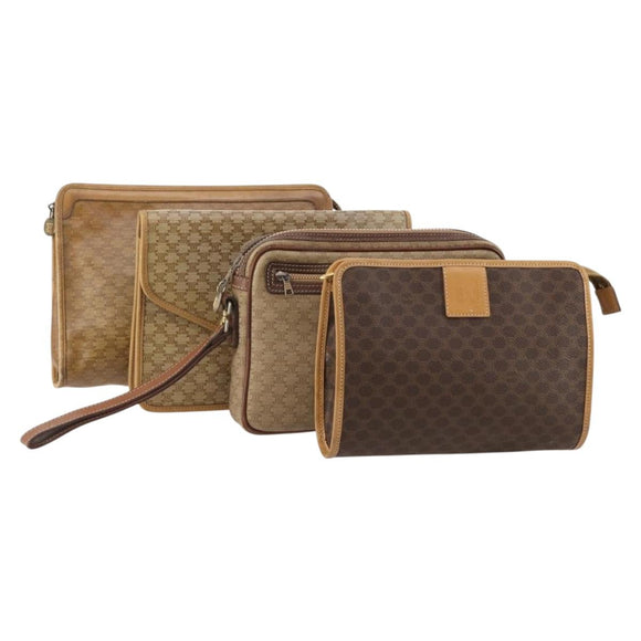 CELINE Macadam Canvas Clutch Bag PVC Leather 4 Set Brown Beige Auth 182519