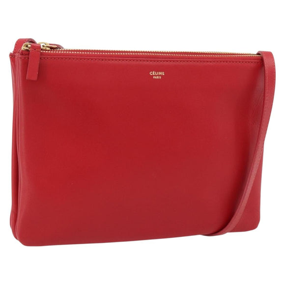 CELINE Trio Shoulder Bag Leather Red Gold Auth 182535A
