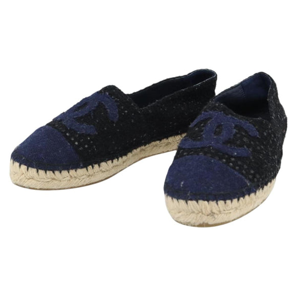 CHANEL Espadrilles Sandals Tweed Black CC Auth 182538M