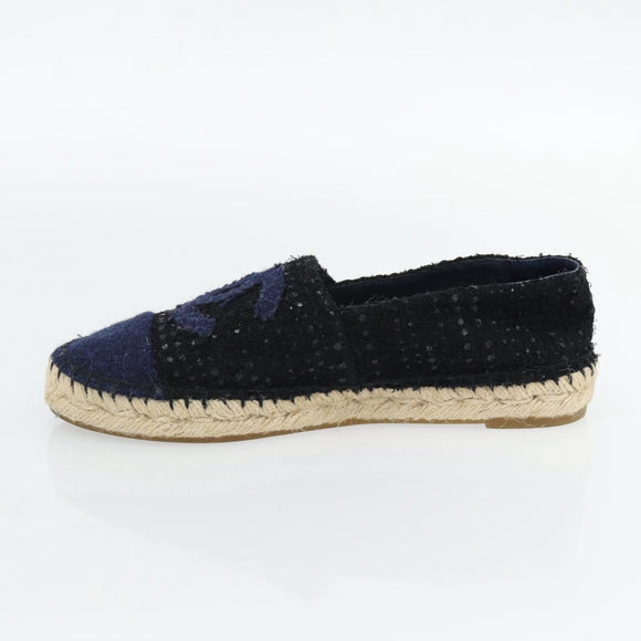 CHANEL Espadrilles Sandals Tweed Black CC Auth 182538M