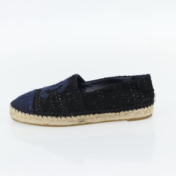 CHANEL Espadrilles Sandals Tweed Black CC Auth 182538M