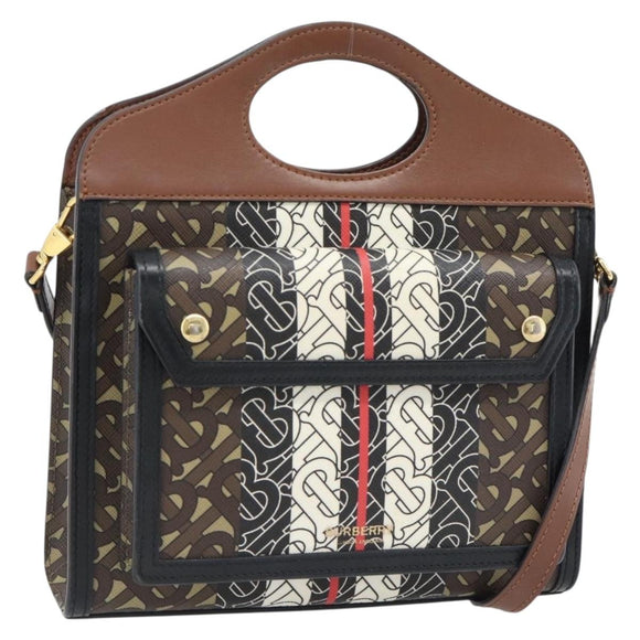 BURBERRY Hand Bag PVC Canvas 2way Brown Gold Auth 182540A