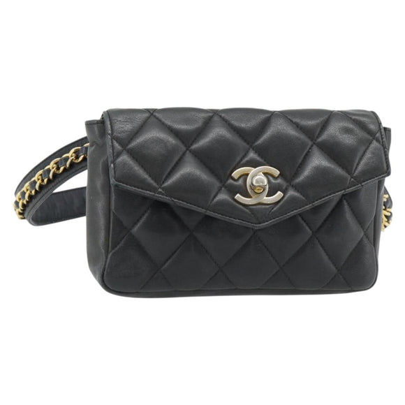 CHANEL Matelassé Ketten-Bauchtasche Lammleder Schwarz Gold CC Authentisch 182541