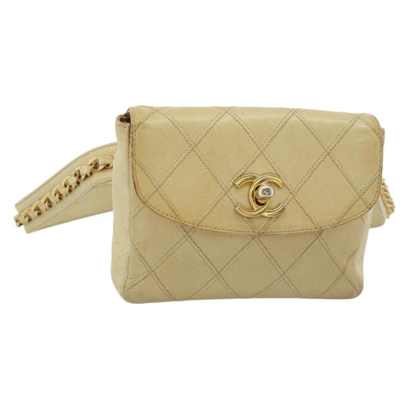 CHANEL Bicolore Waist bag Lamb Skin Beige Gold CC Auth 182545