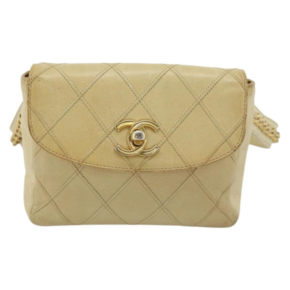 CHANEL Bicolore Waist bag Lamb Skin Beige Gold CC Auth 182545