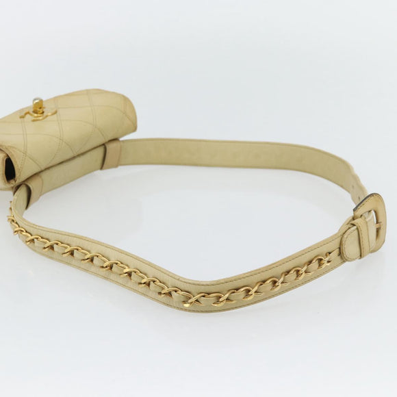 CHANEL Bicolore Waist bag Lamb Skin Beige Gold CC Auth 182545