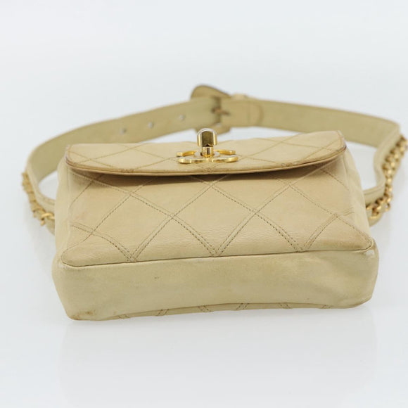 CHANEL Bicolore Waist bag Lamb Skin Beige Gold CC Auth 182545