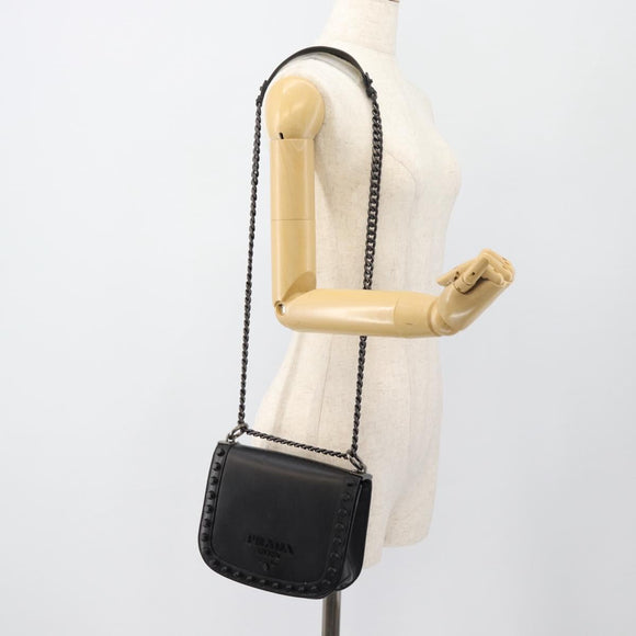 PRADA Schoudertas met Ketting Leer Zwart Origineel 182547M