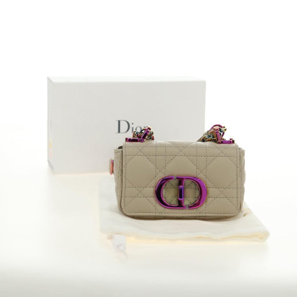 Christian Dior Caro Micro Chain Canage Bag Lamb Skin Beige Gold Auth 182573SAM