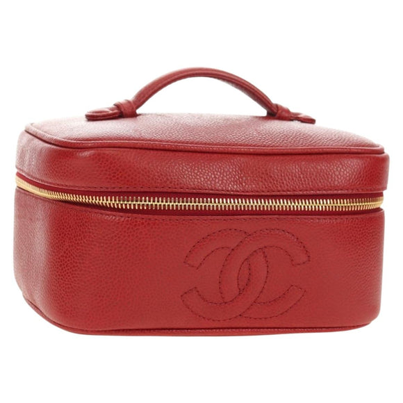 CHANEL COCO Mark Vanity Hand Bag Caviar Skin Red Gold CC Auth 182576V