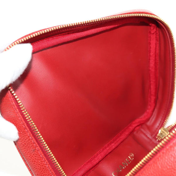 CHANEL COCO Mark Vanity Hand Bag Caviar Skin Red Gold CC Auth 182576V